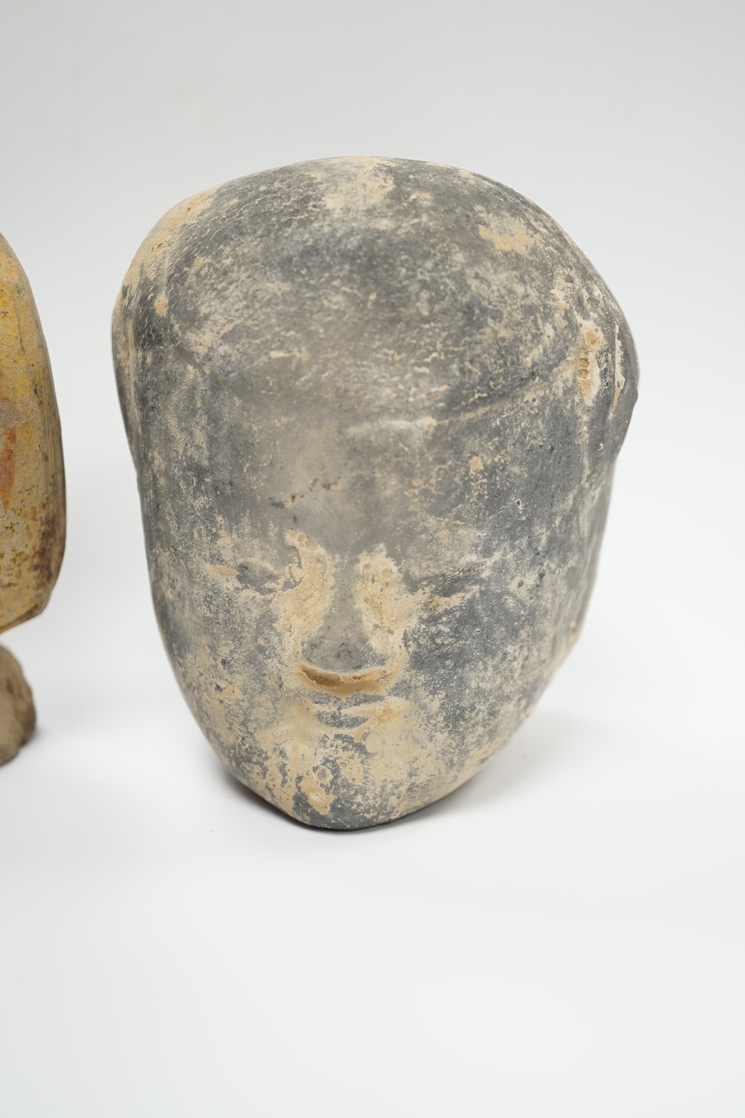 A Chinese grey pottery head and a bust, Han dynasty, tallest 17cm